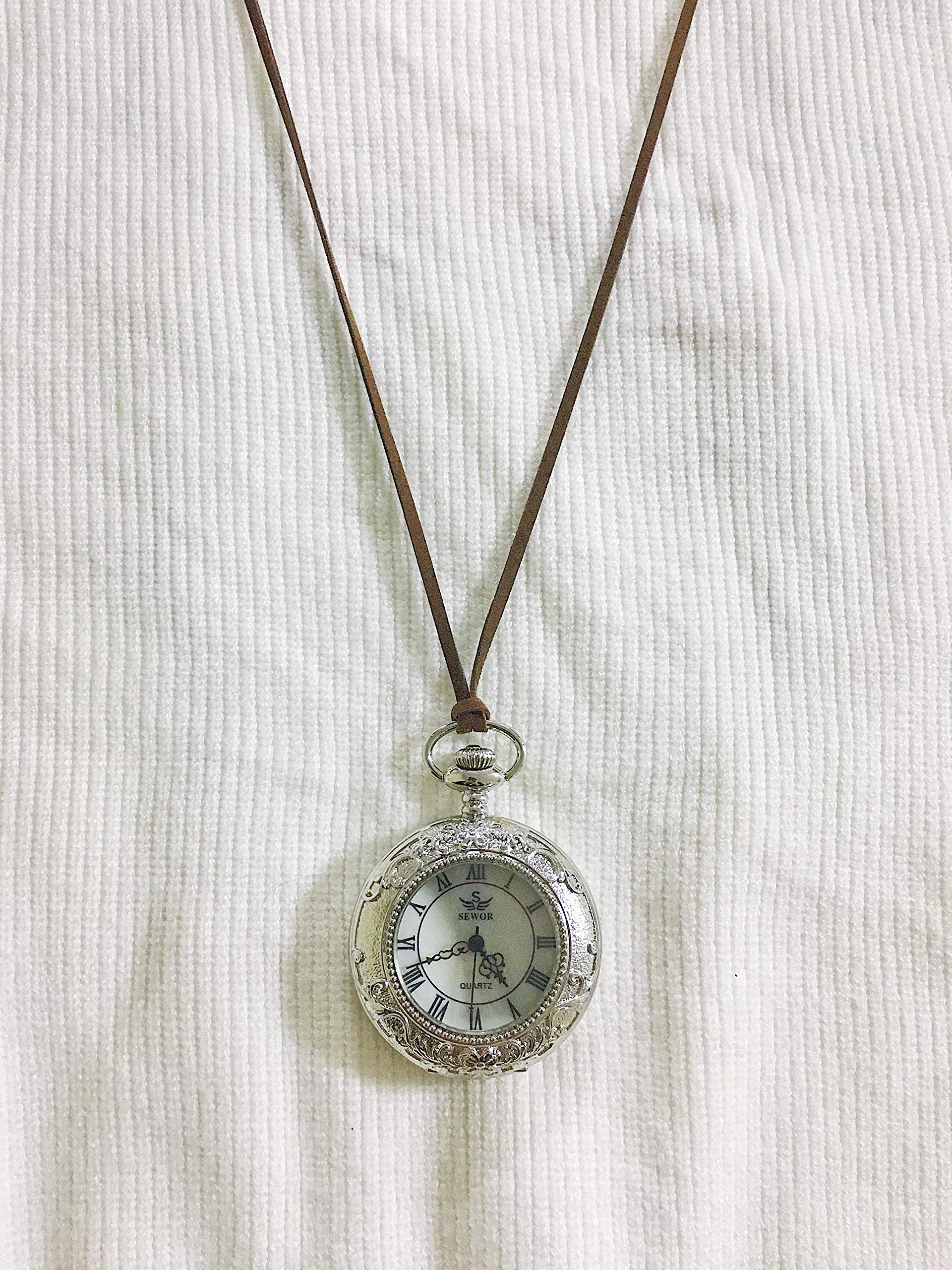 SEWOR Quartz Pocket Watch Shell Dial Magnifier Case With Two Type Chain (Leather+Metal) (Sliver)