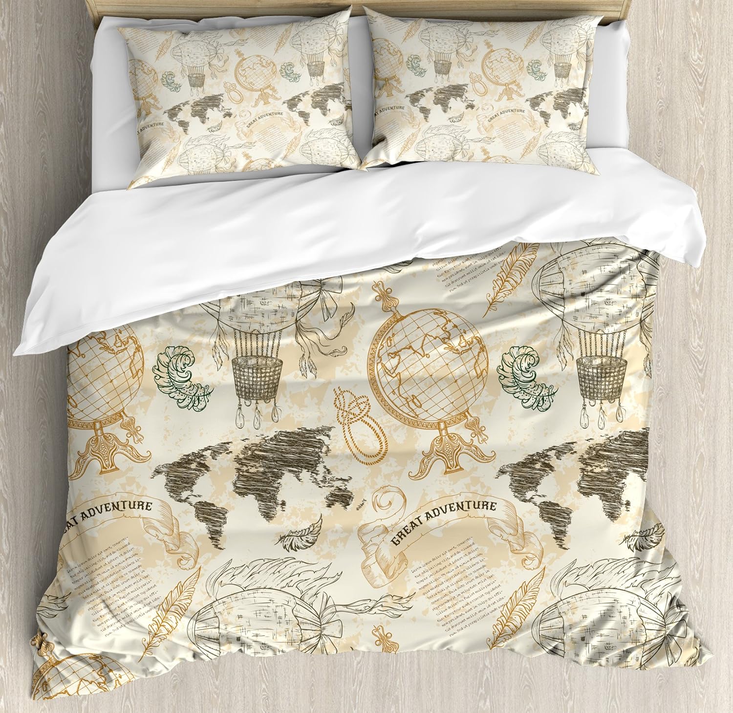 Ambesonne World Map Duvet Cover Set, Pattern with Vintage Globe World Map Airship Rope Knots Ribbon Retro Print, Decorative 3 Piece Bedding Set with 2 Pillow Shams, King Size, Beige Green