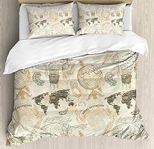 Ambesonne World Map Duvet Cover Set, Pattern with Vintage Globe World Map Airship Rope Knots Ribbon Retro Print, Decorative 3 Piece Bedding Set with 2 Pillow Shams, King Size, Beige Green