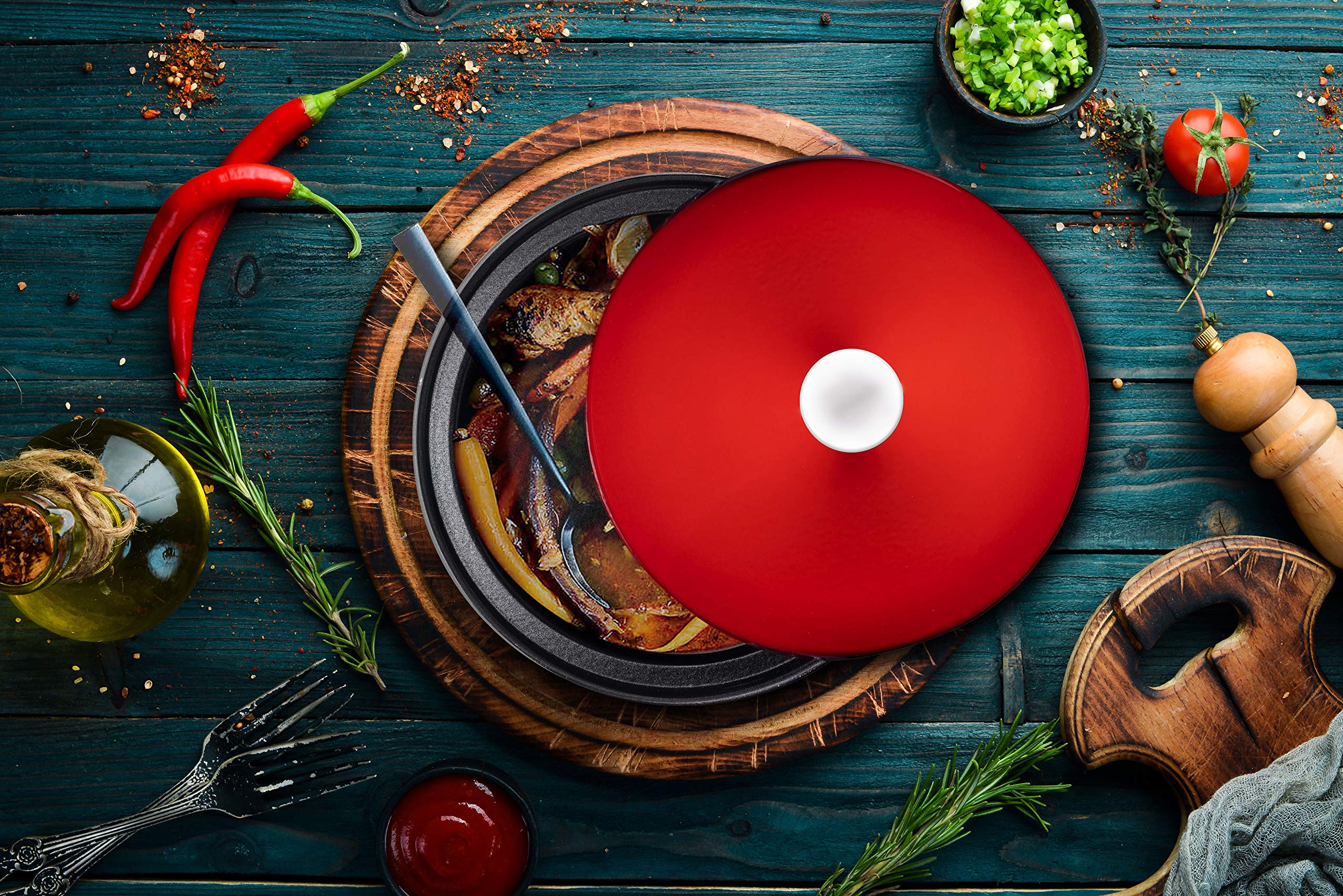 Bruntmor Moroccan Tagine, Cast Iron, Red, 3.5-Quart, Round, With Lid