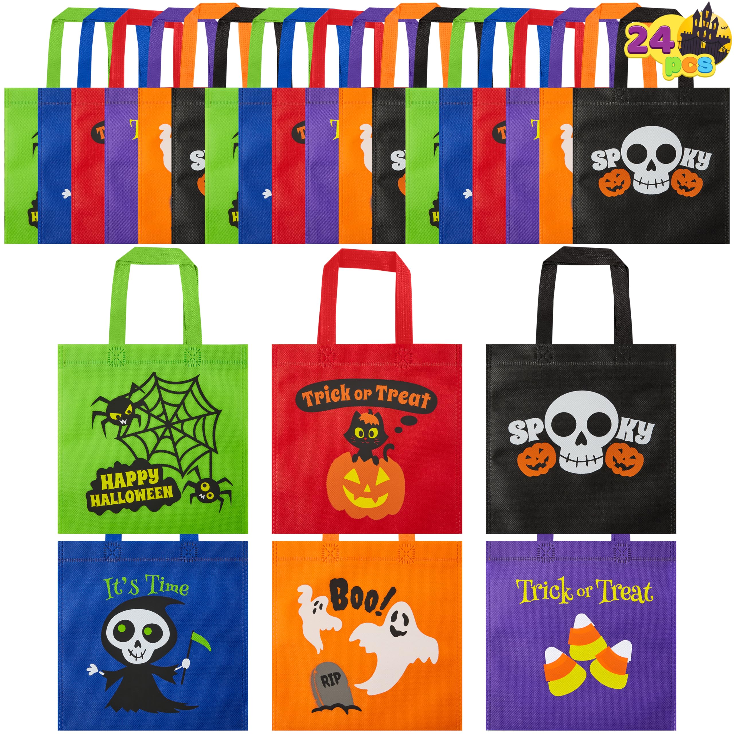 JOYIN 24 Halloween Trick or Treat Colorful Non-Woven Tote Goody Tote Bags (8.6" x 8.6"/21.8cm x 21.8cm) with Handles for Truck or Treat present Party Favor Gift Bags