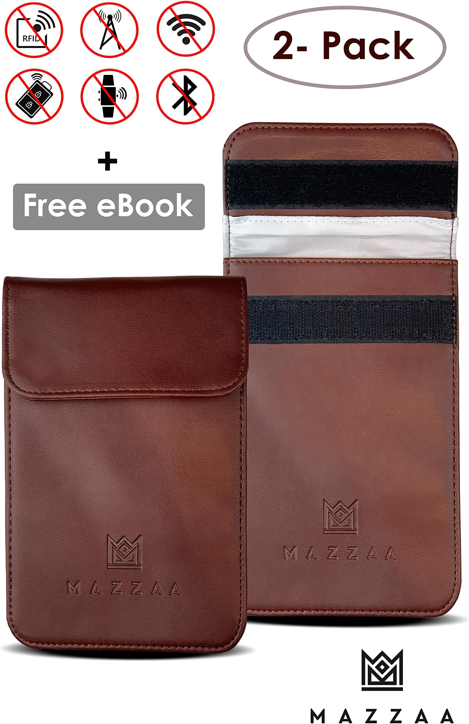 2 X Extra Large Signal Blocker Case | Keyless Car Key Blocking Fob Defender| Faraday Pouch for Smart Device Jammer | WiFi/Cellular Blocking Anti-Theft Bag | RFID Card Protection PU Leather Case -Brwn