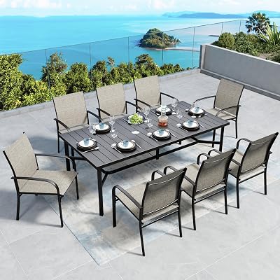 SUNSHINE VALLEY Patio Dining Set 9 PCS, 8 Stable Outdoor Dining Chairs with Rectangular Dining Table, Patio Table and Chairs Set for Lawn,Deck and Backyard