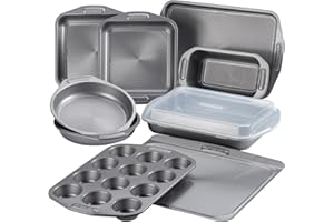 Circulon Total Nonstick Bakeware Set with Nonstick Bread Pan, Cookie Sheet, Baking Pan, Baking Sheet, Cake Pan and Muffin/Cupcake Pan - 10 Piece, Gray