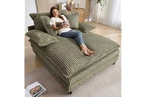 DAMAIFROM Oversized Chaise Lounge Chair Indoor with Adjustable Backrest, 57"Wx 60"D Comfy Corduroy Sleeper Chaise Fluffy Plush Upholstered Sofa Bed Reading Cloud Couch Chairs for Living Room, Bedroom, Green