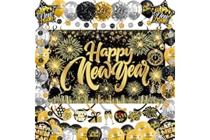 FAMOBY Happy New Year Backdrop with Shiny Firework Background Circle Paper Banner Pom poms Foil Balloons & Swirls for New Year Photo Booth Background Party Decorations