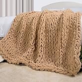 Carriediosa Chunky Knit Throw Blanket 50" X 60", 100% Hand Made Large Chenille Loop Yarn Soft Fluffy Throws for Couch Sofa Bed, Big Crochet Cozy Heavy Thick Cable Woven Blankets, Tan Brown