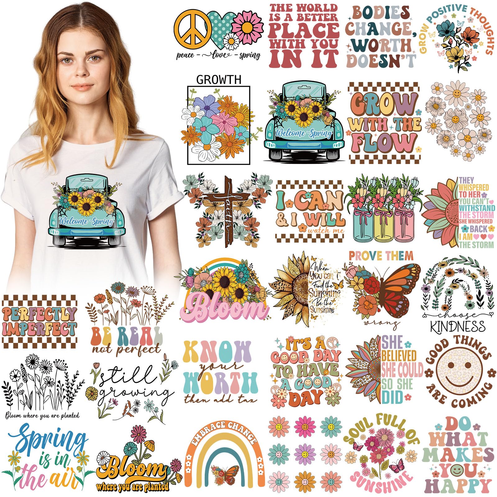 Photo 1 of Estune 30 Pcs Summer Floral Iron on Transfers Retro Iron on Decals Patches Vintage Vinyl Heat Transfer Stickers for T Shirt Clothing Jacket Hat Backpacks DIY