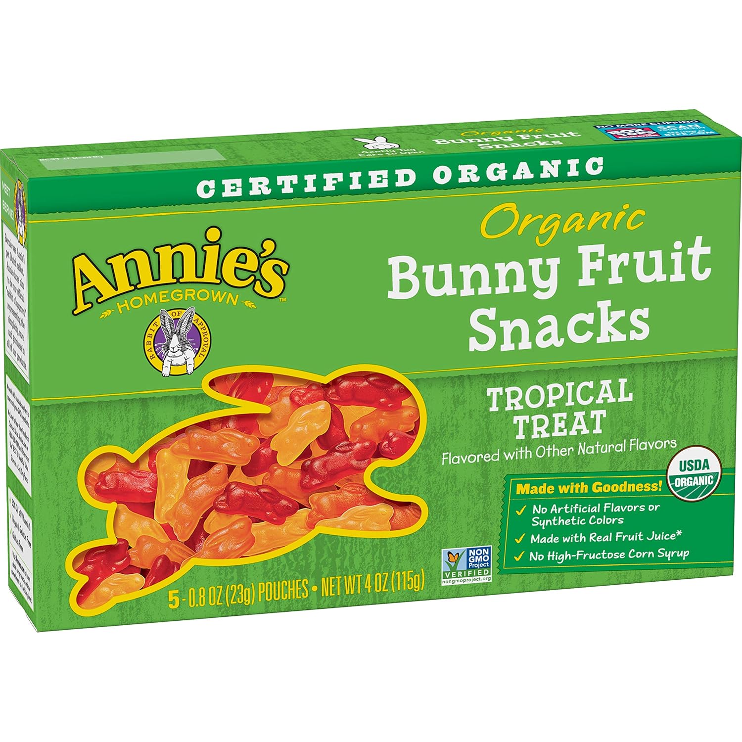 Annie's Gluten Free Organic Bunny Fruit Snacks, Tropical Treat, 5 ct