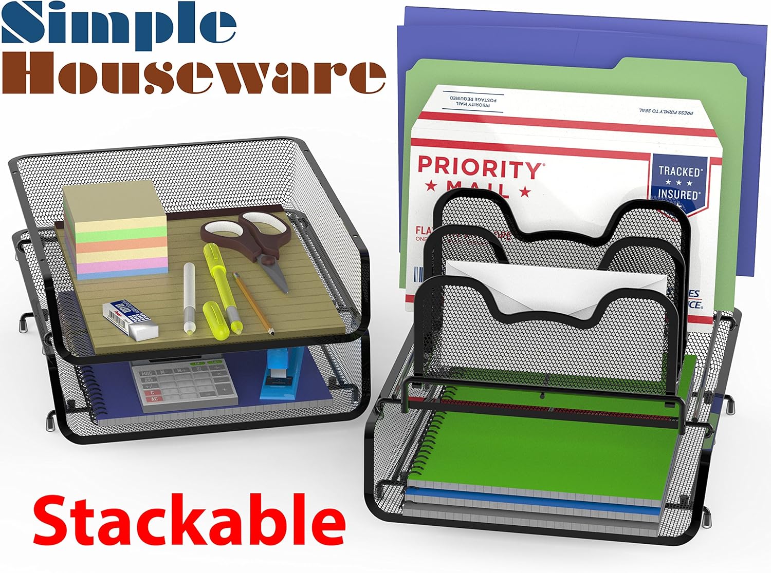 SimpleHouseware 3-Pack Stackable Desk File Document Letter Tray w/ 5 Compartments Step File Organizer, Black : Office Products