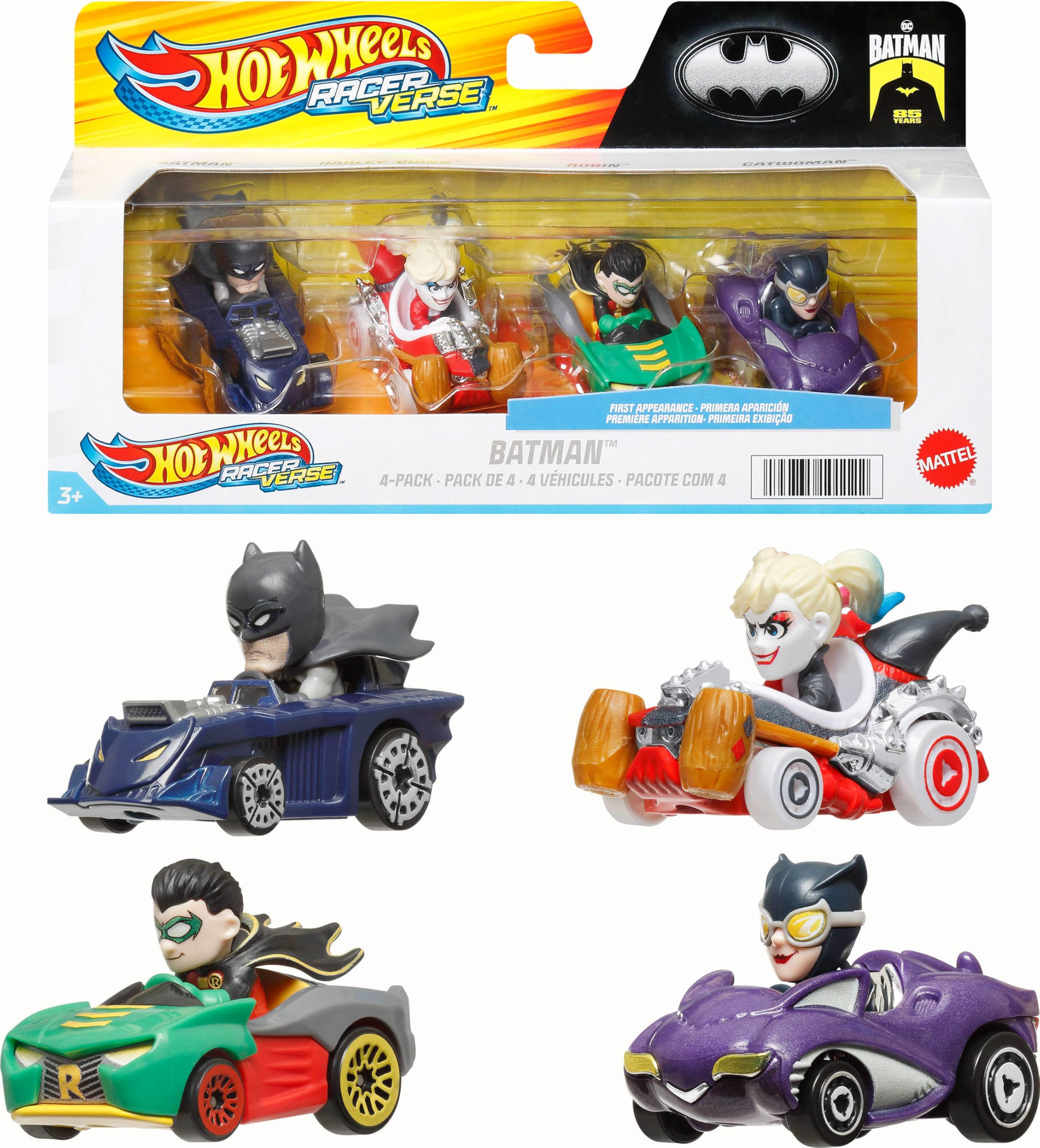 Hot Wheels RacerVerse, Set of 4 Die-Cast 1:64 Scale Toy Cars Optimized for Driving on Hot Wheels Tracks with Pop Culture Characters as Drivers