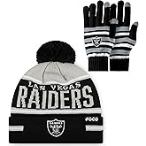 FOCO NFL unisex-adult Nfl Team Logo Adult Stretch Gloves With Big Wordmark Strip Pom Knit Hat Beanie Set
