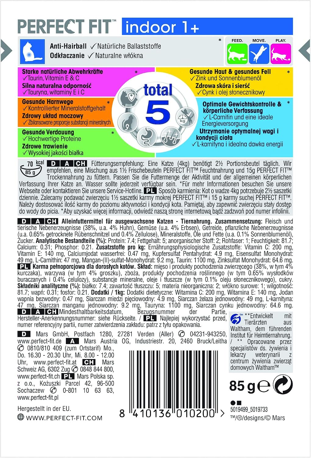 PERFECT FIT Indoor 1+ - Wet Food for Adult House Cats from 1 Year - Chicken and Peas in Sauce - Supports Vitality - 12 x 85g - Image 4