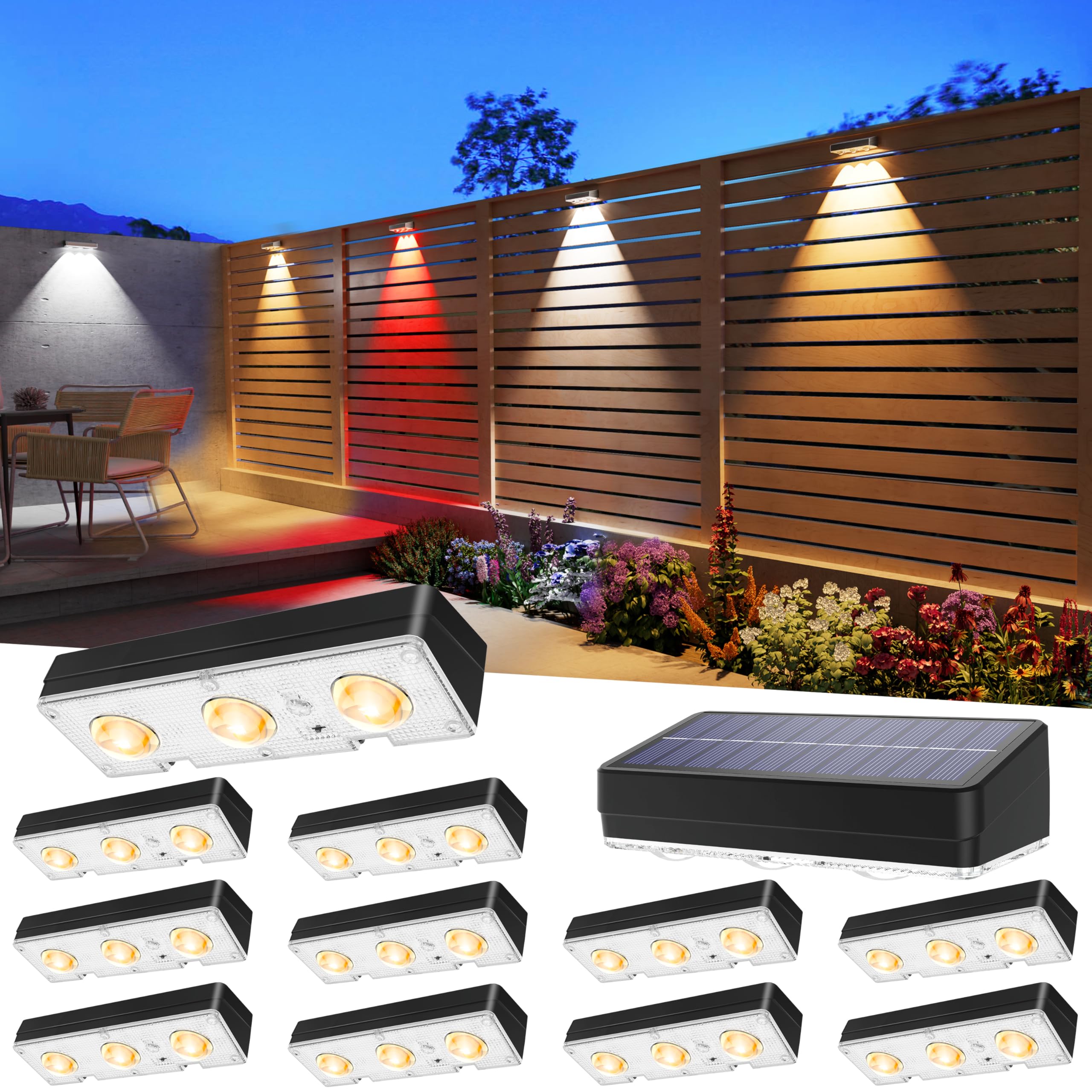 Photo 1 of JOFIOS Solar Fence Lights Outdoor Waterproof Led, 12Pack,1300mAh,6 Inch Solar Lights for Fence with Warm White & RGB 8 Colors,Outdoor Solar Lights for Patio, Backyard, Deck, Fence, Railing (Black)