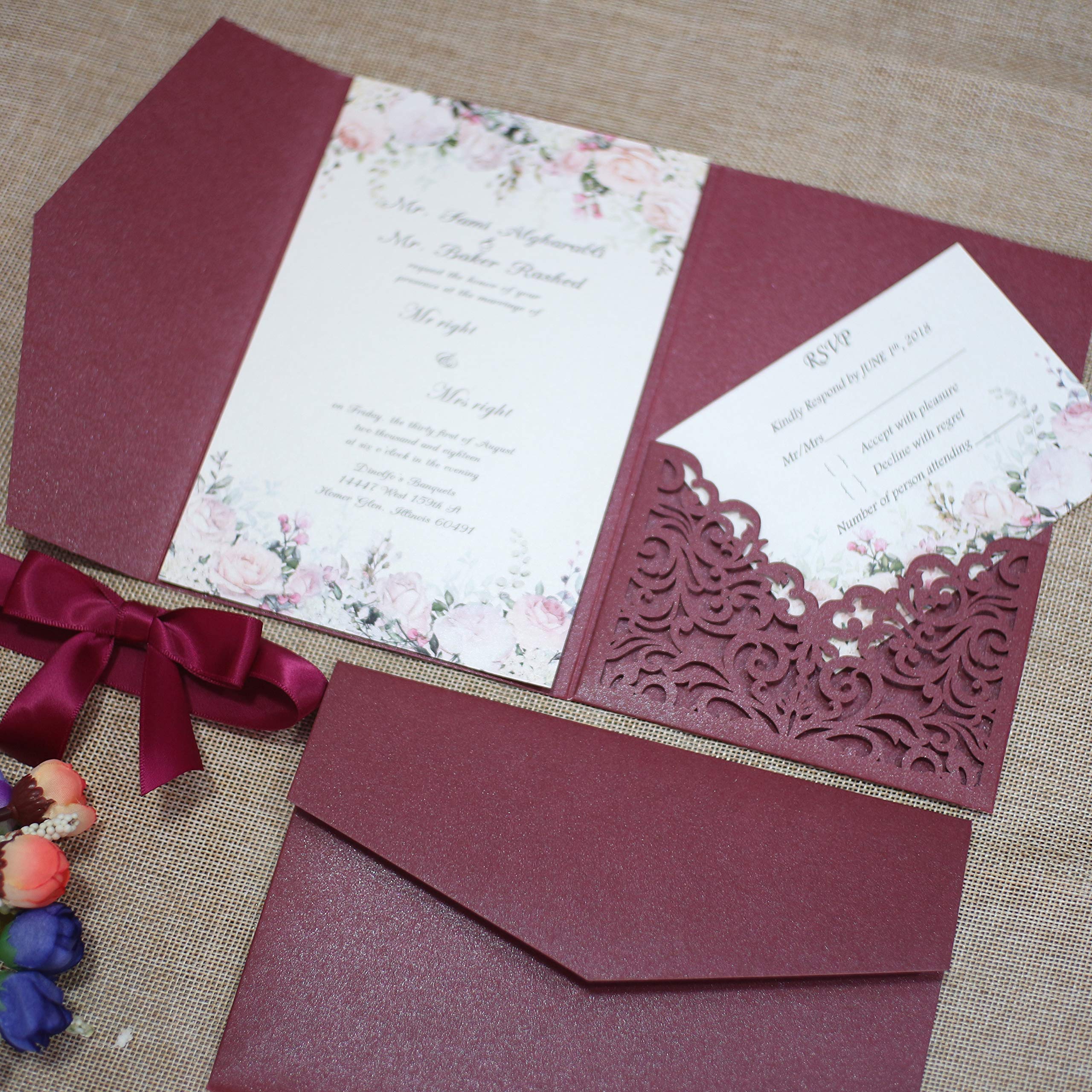 25pcs 5"x7.28" Burgundy Pearl Paper Vine Tri Fold Wedding Invitations Cards pocket Laser Cut Hollow Carving Greeting invites Covers only no envelope no insert