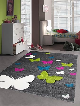 Kinderteppich Spielteppich Kinderzimmer Teppich Schmetterling Design mit Konturenschnitt Grau Pink Türkis Grün Creme Größe 80