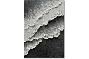 Slyart Handmade Black and White Ocean Wave Wall Art 28x40 Inches Modern Abstract Beach Canvas Painting Texture Vertical Wall Art for Living Room Bedroom