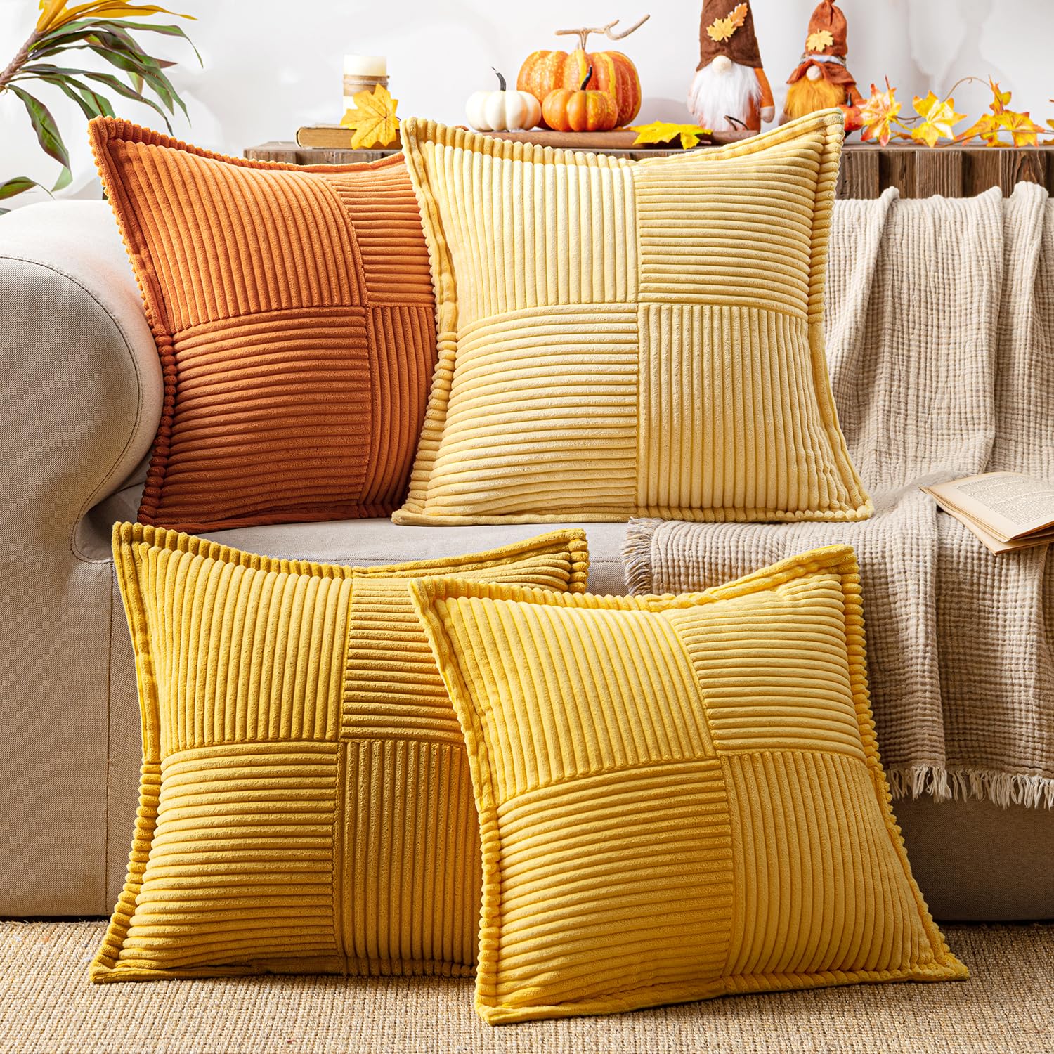 MIULEE Corduroy Cushion Covers Pack of 4 Decorative Modern Patchwork Throw Pillow Covers Soft Pillowcase Cushions for Home Spring decor Sofa Couch with Invisible Zipper 20X20 Inch Orange Series — image 1