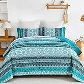 WONGS BEDDING Boho Quilt Set Queen Size, Teal 3 Pieces Bohemian Striped Patchwork Bedspread Coverlet, Lightweight Soft Microfiber Bedding Set for All Season (96"x90")