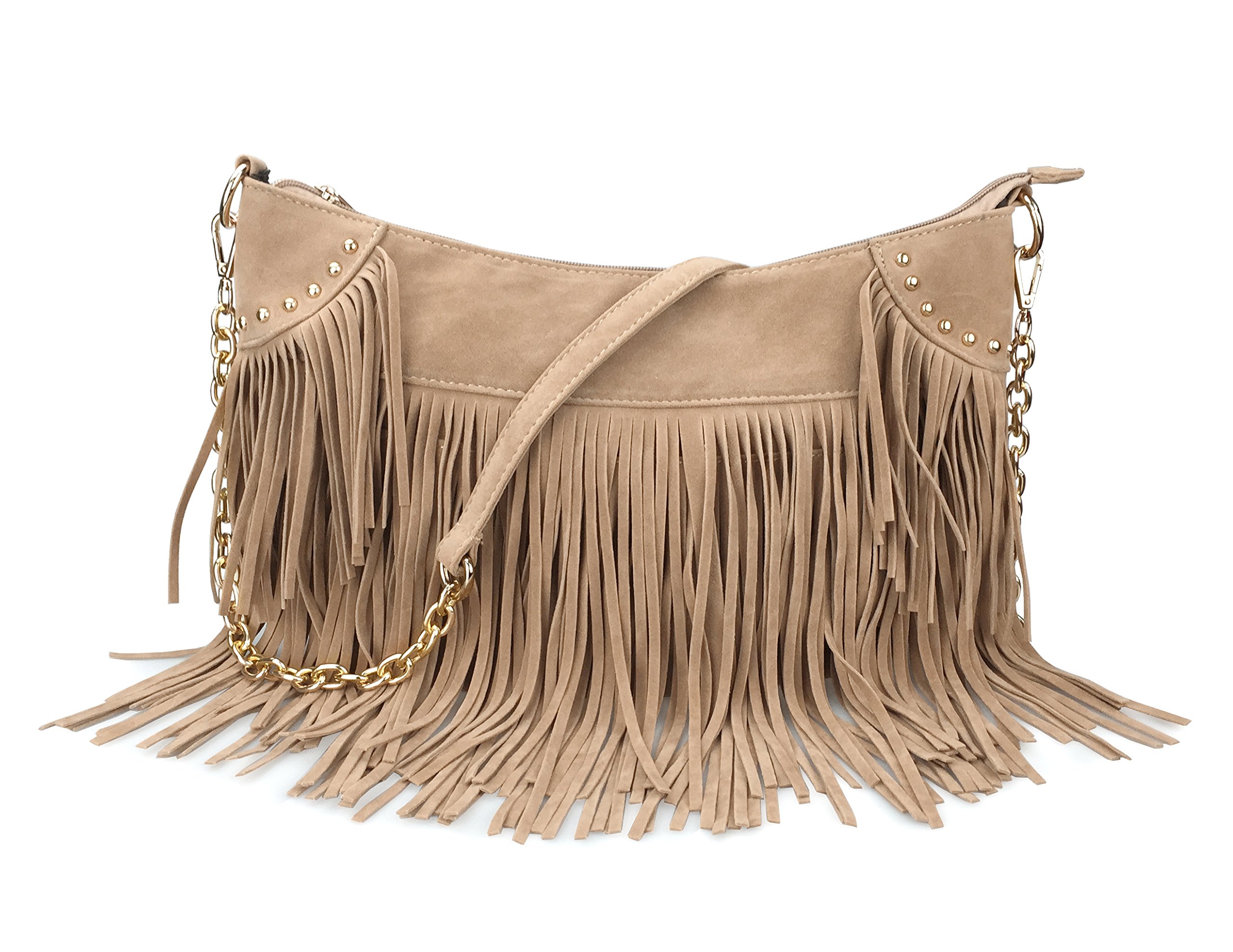 Hoxis Tassel Faux Suede Leather Hobo Cross Body Chain Shoulder Bag Women’s Satchel (Khaki)