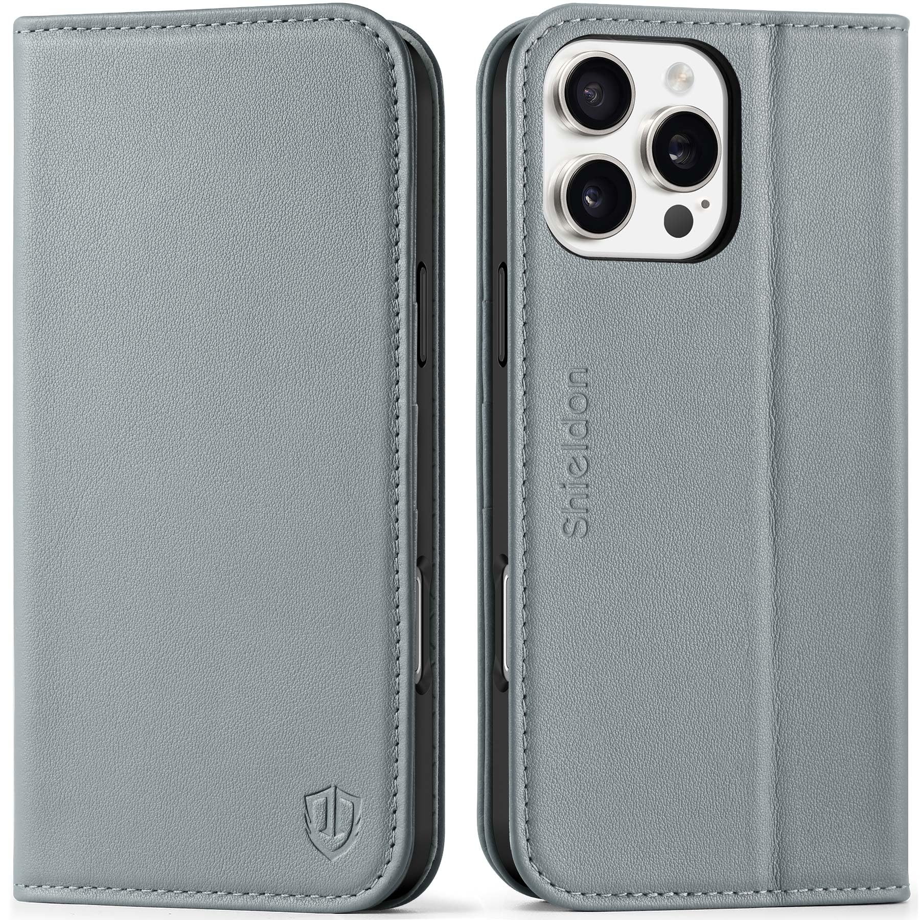 SHIELDON Case for iPhone 16 Pro Max 5G 2024, Genuine Leather Wallet Flip with [RFID Blocking][Card Holder] Magnetic Shockproof Phone Cover with Kickstand Compatible with iPhone 16 Pro Max - Gray