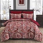 DJY Red Paisley Comforter Set Queen Size, 7 Piece Bed in a Bag Boho Paisley Pattern Comforter Set, Soft Lightweight Microfiber Reversible Bedding Set for All Season (90''x90'')