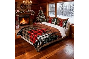MANFEI Kids Merry Christmas Duvet Cover Set King Size,Geometric Grid Pine Snowflake Bedding Set,Girls Boys Adults Bedroom/Xmas Decor,Brown Plank Comforter Cover,Rustic Vintage Quilt Cover,3pcs,2 Pillowcases