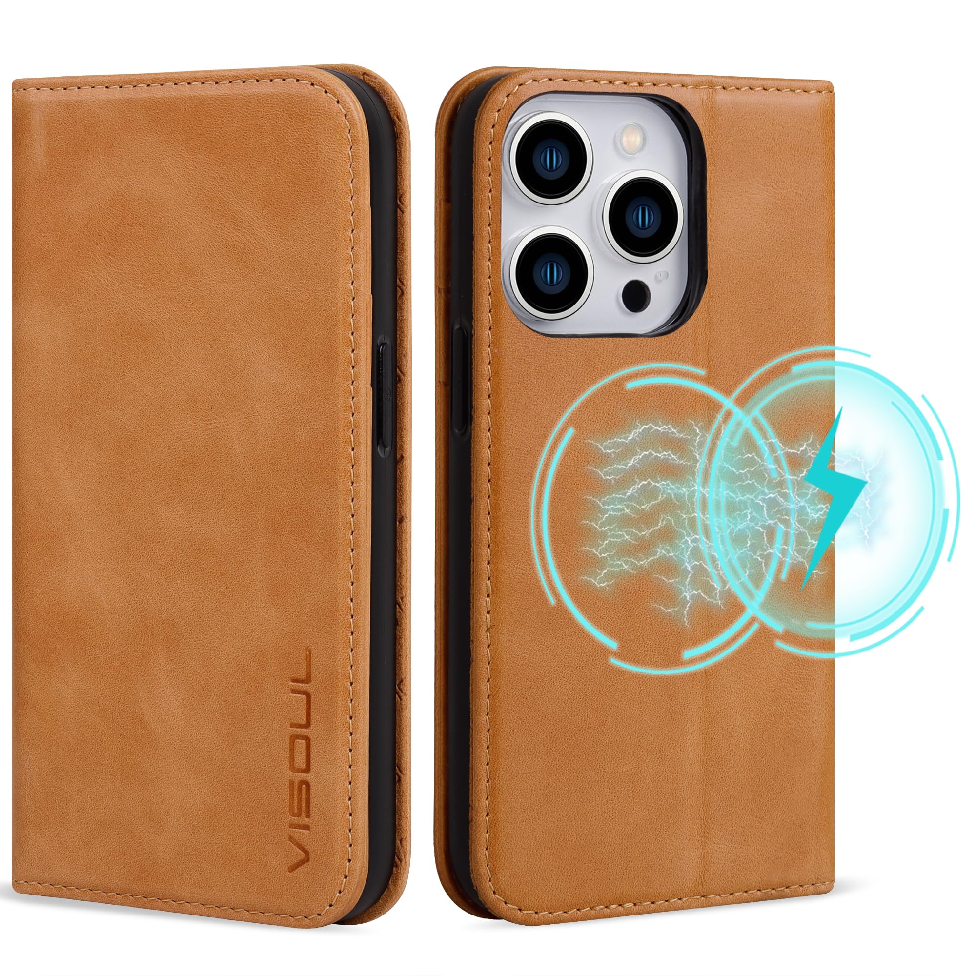 VISOUL Oil Waxed Genuine Leather Wallet Case Compatible with iPhone 15 Pro Max 6.7-inch 2023 with 4 Card Slot, Kickstand, Magnetic Flip Cover, Shockproof and Soft TPU Shell-Yellow โ image 1