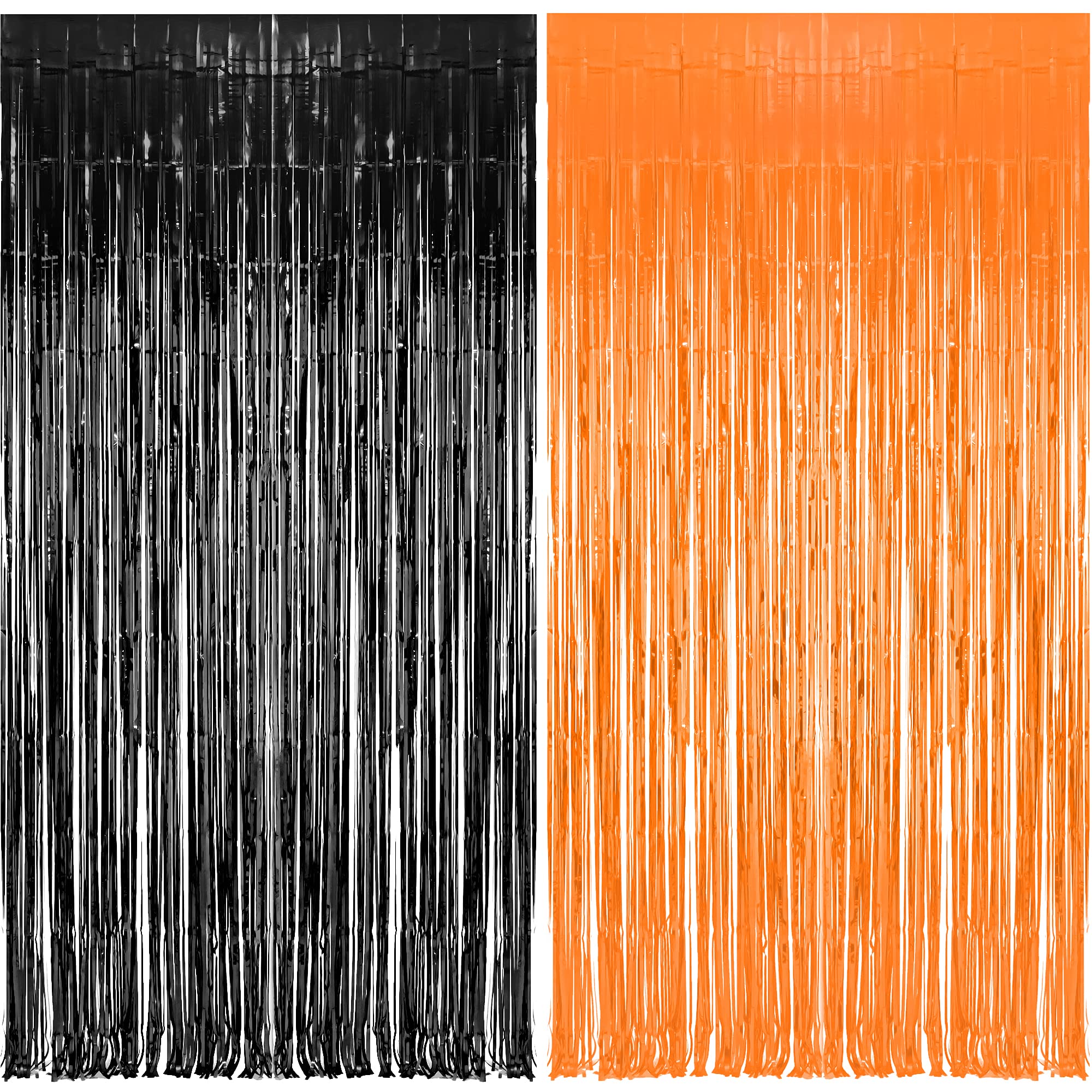 BRAVESHINE Halloween Party Decorations Black Orange Foil Fringe Curtain - 2PCS 3.3 x 8.2 ft Metallic Tinsel Curtains Photo Booth Backdrop, Room Decor for Halloween Pumpkin Costumes Family Party