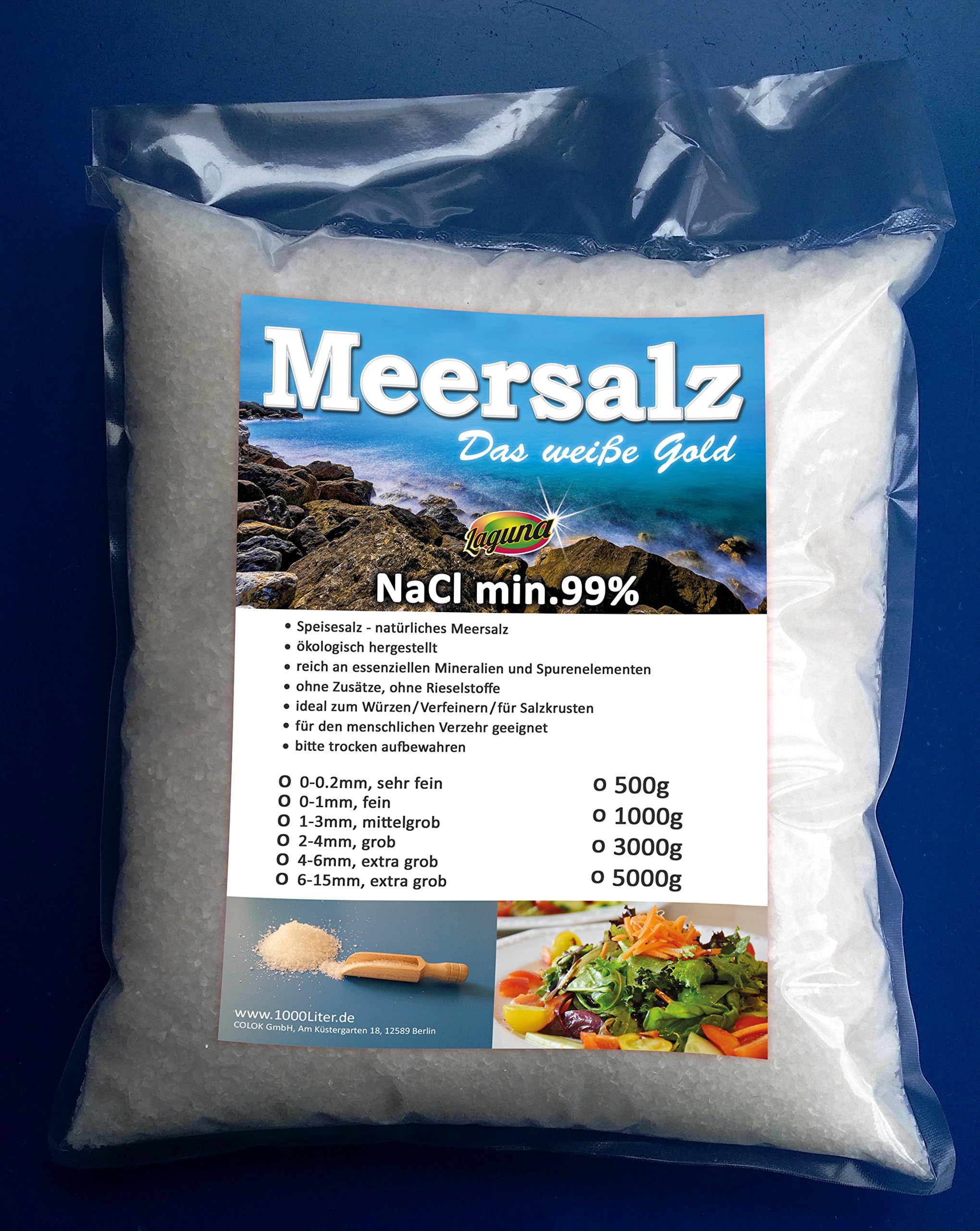 Sea salt, coarse table salt, table salt, salt mill, spice, fine, coarse, xxl coarse - you choose grain size and quantity 0.2 - 1-3 6-15 mm 500 g 5 kg 1 t, 500 g Refill Pack Bags, 0 - 0,2 mm