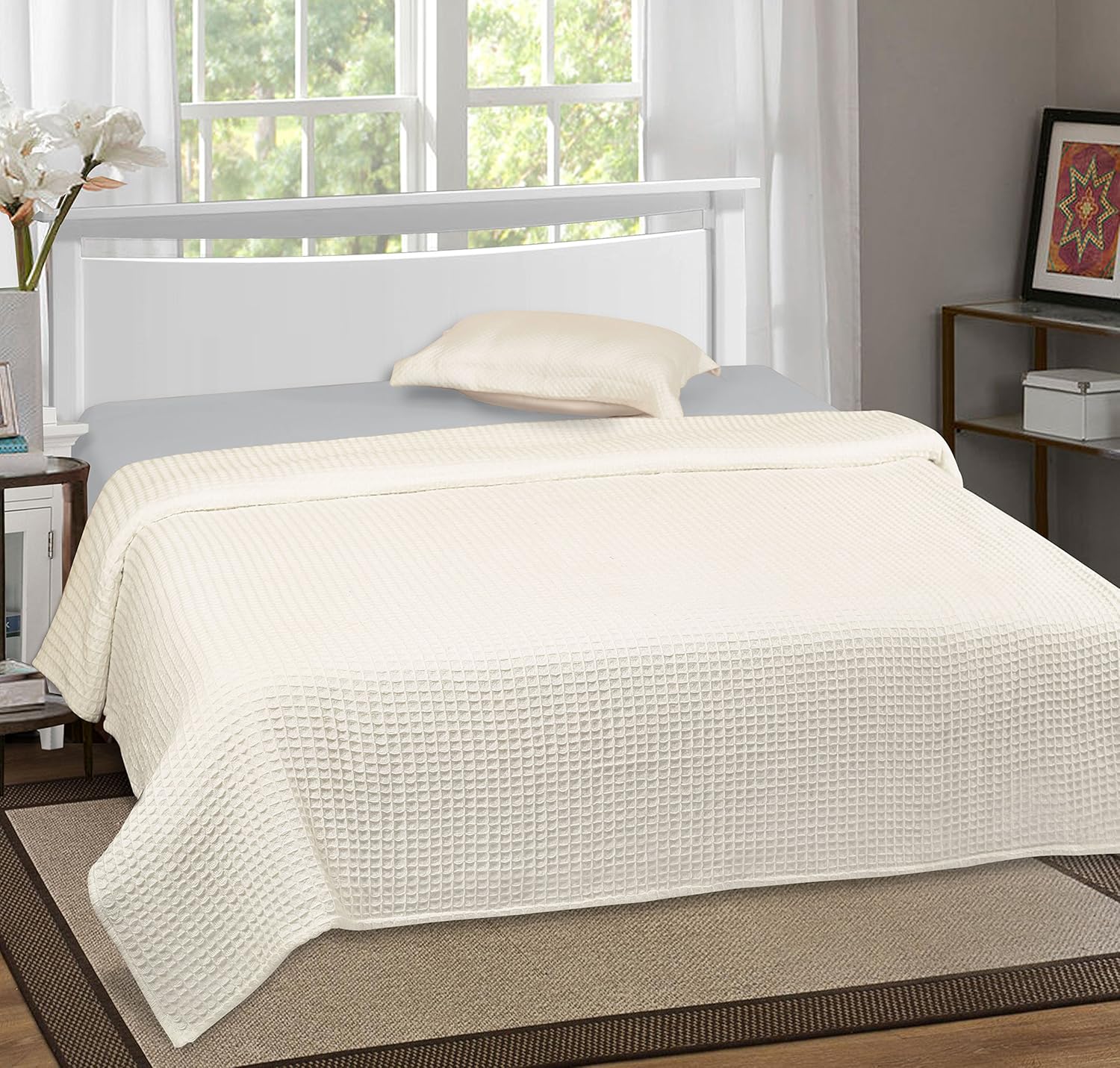 EHC Luxuriously Soft Chunky Waffle Cotton Throws Large Sofa Bed, Sofa, Couch Blanket Bedspread, Double, 150 x 200 cm - Ivory - Image 3