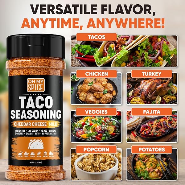 TACO SEASONING MIX CHEDDAR CHEESE POWDER – GLUTEN FREE & LOW SODIUM MILD CHEESY MEXICAN SEASONING BLEND FOR TACO TUESDAY NIGHT. SPICY NACHO CHEESE POWDER FOR FAJITA & BURRITO. HOT TACOS SPICES. 4.2OZ