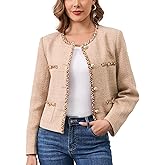 M.Infisavo Womens Tweed Blazer Jacket, Cropped Long Sleeve Blazers with Pockets Crewneck Open Front Collarless