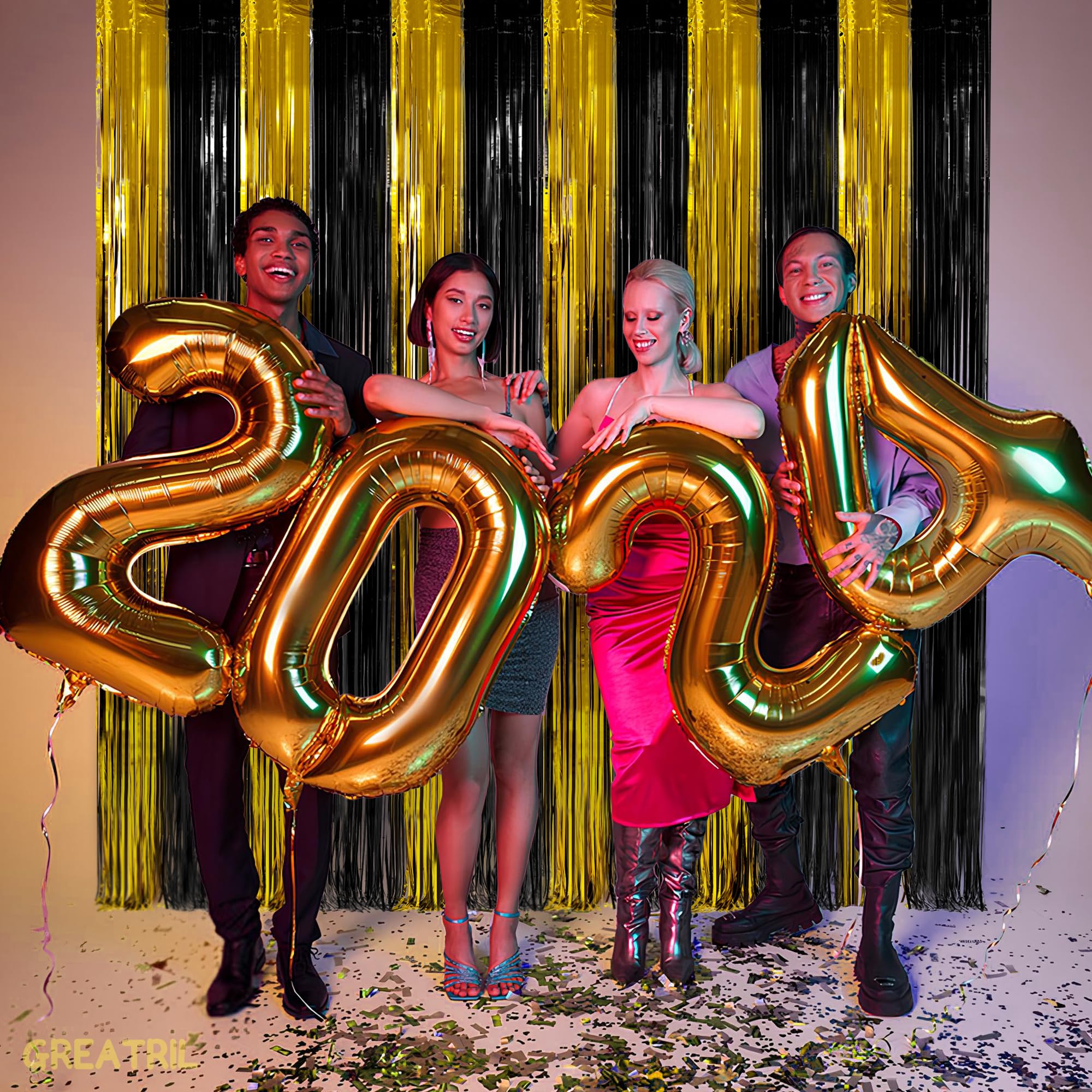 Black and Gold Party Streamers Decoration - GREATRIL Foil Fringe Backdrop for 2025 NYE/Anniversary/Farewell/Cocktail/Prom/EID/Birthdays - 3.2ft X 8.2ft - 2 Packs