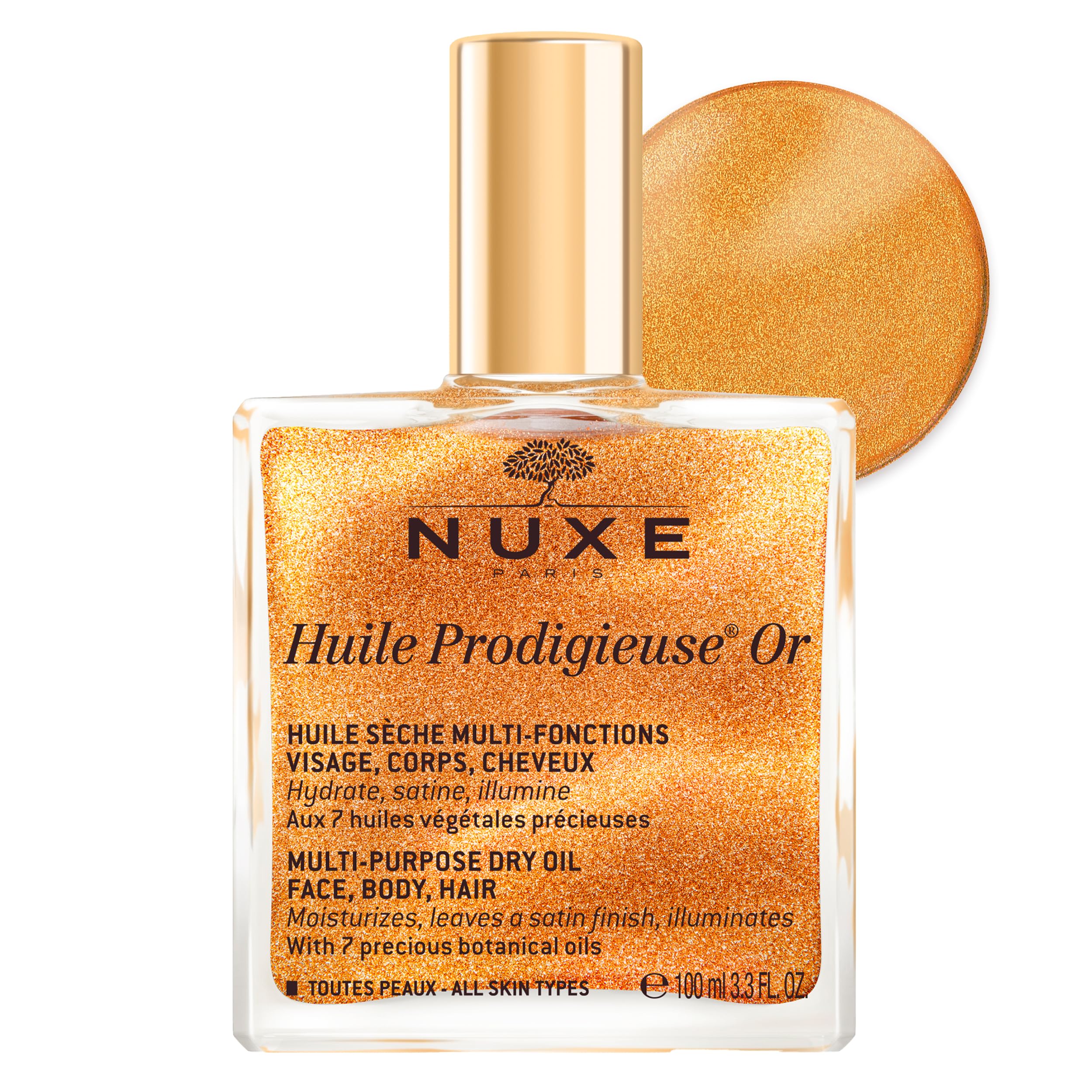 Nuxe Huile Prodigieuse Shimmering Dry Oil 100ml, Illuminating Multi-Purpose Oil, With Gold-Flecked Glow for Face, Body & Hair, Softens & Enhances, Vegan Formula