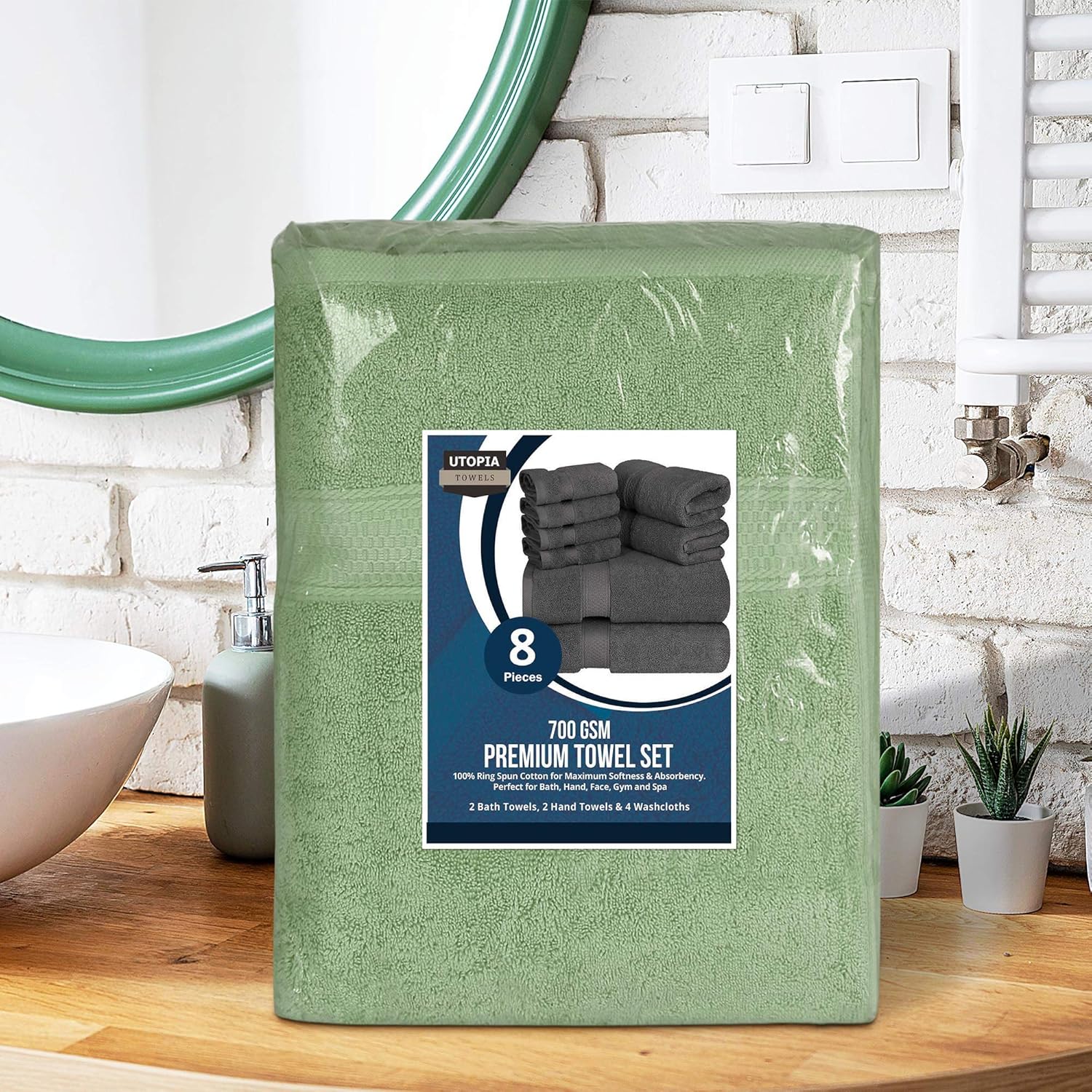 Utopia Towels - Premium Towel Set, Sage Green - 2 Bath Towels, 2 Hand Towels, and 4 Washcloths - 700 GSM Ring Spun Cotton Highly Absorbent Towels for Bathroom, Shower Towel, (8 Pieces): Home & Kitchen