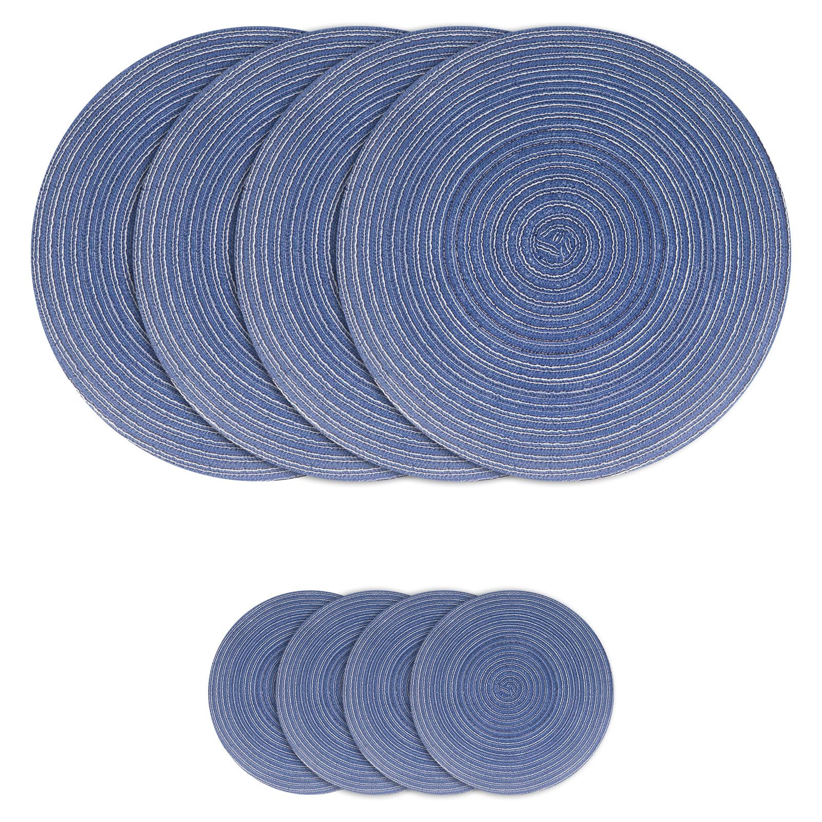 Woven Round Placemats Set, 4Pcs 38cm Cotton Placemats and 4Pcs 11cm Coaster, Heat Resistant Washable Mats for Kitchen, Dining Table (Blue)