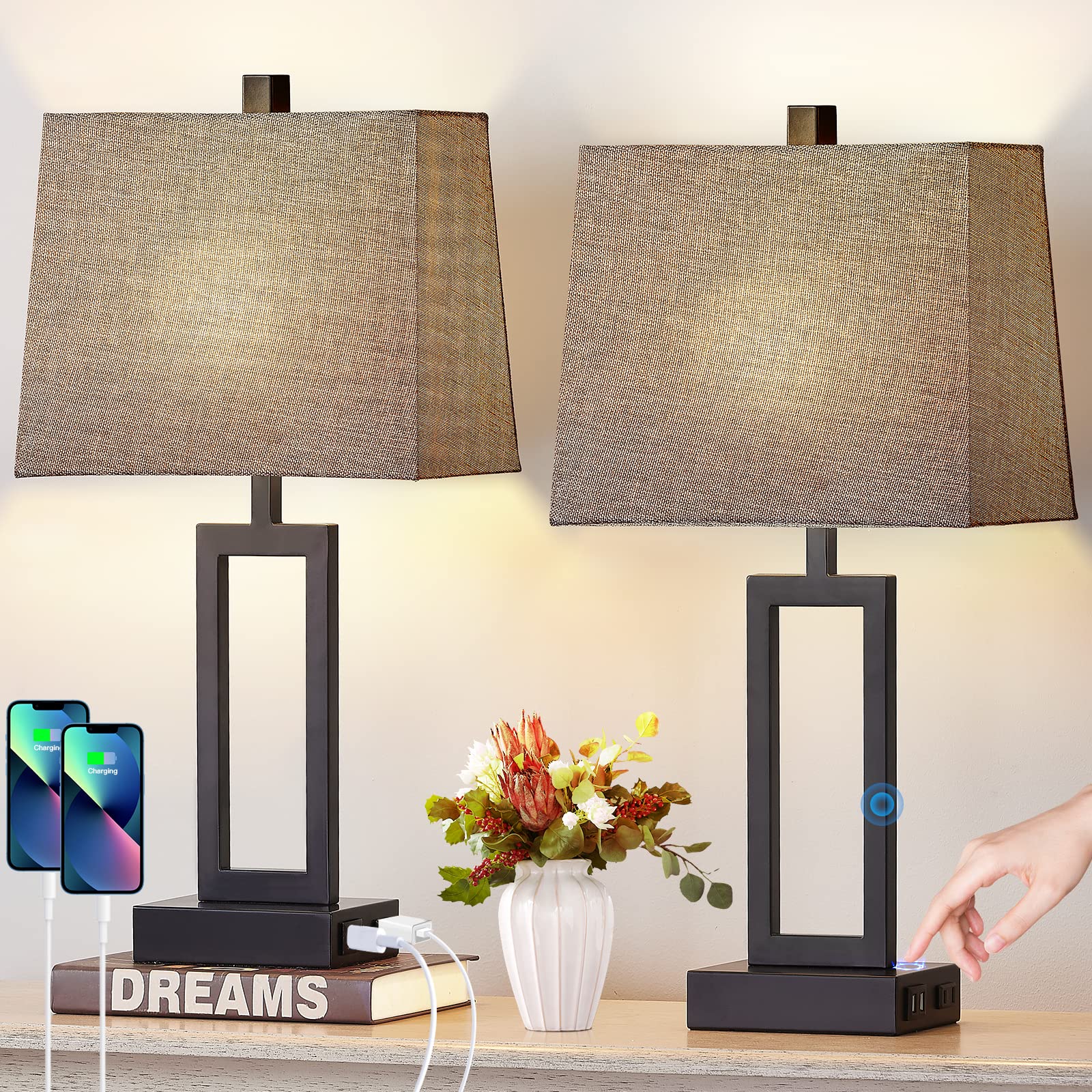 Photo 1 of 23.5" Touch Control Table Lamps Set of 2, Bedside Lamp with 2 USB Charging Ports & AC Outlet, 3-Way Dimmable Modern Nightstand Lamp for Living Room Bedroom End Table Office(2700K 2 LED Bulbs Included)