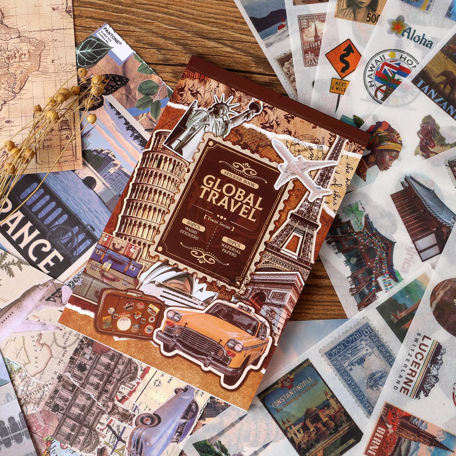 Scrapbook Stickers - 300 Pre-Cut Washi Stickers & 20 Scrapbook Papers for Travel Journaling