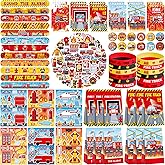 122PCS Fire Truck Party Favors, 50 Stickers, 12 Assemble Stickers, 12 Button Badges, 12 Mini Notepads, 12 Slap Bracelets, 12 Rubber Bracelets, 12 Goodie Bags for Firefighter Firetruck Party Supplies