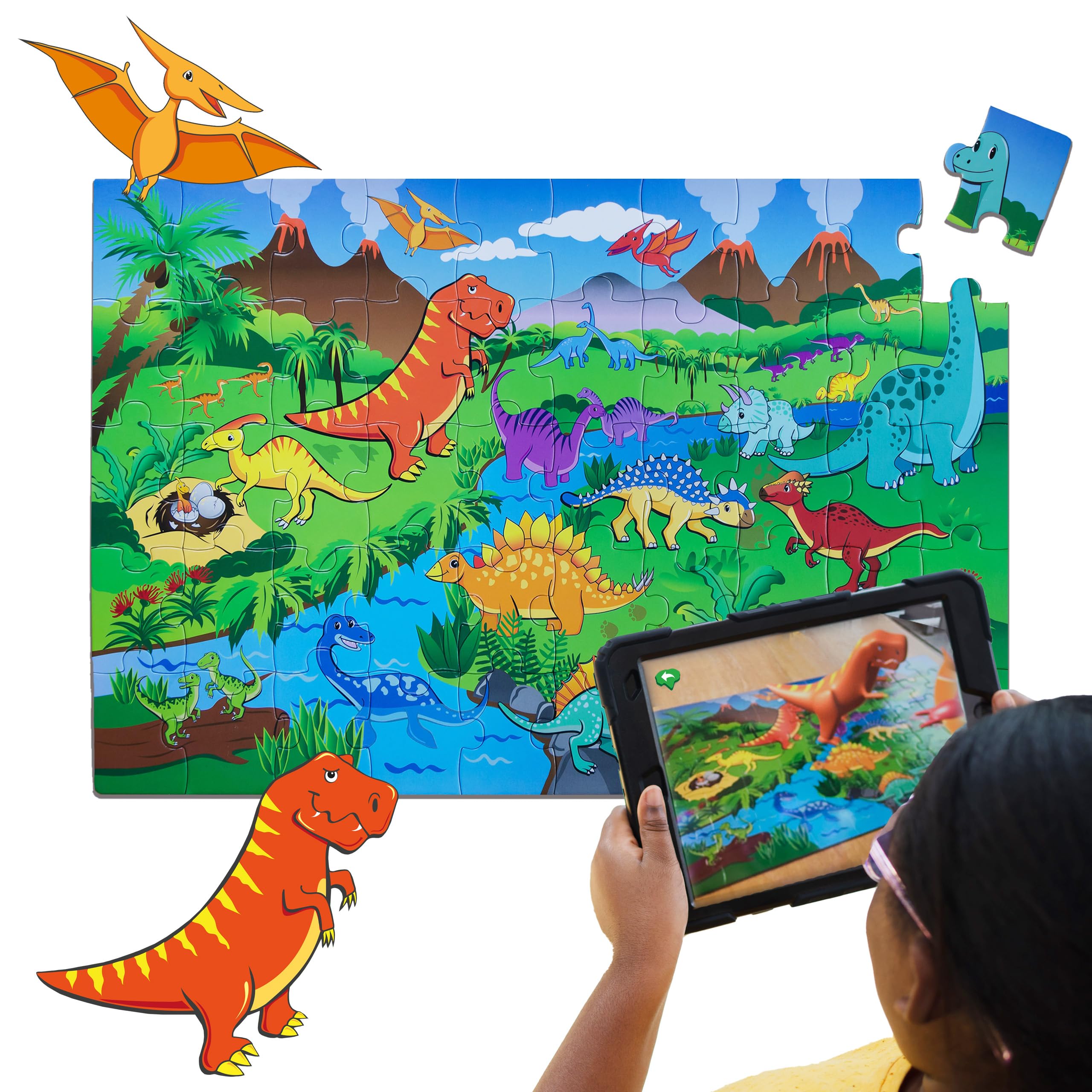 50pcs Smart Puzzle AR tech uses augmented reality to bring puzzle to life. Learn facts about dinosaurs and our Solar system 60 x 40 cm. Large pieces ages 3+ requires compatible Device (Dinosaur)