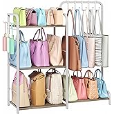 Purse Organizer for Closet, Large Capacity Purse Rack with 2 Purse Hangers and 5 Purse Hooks for Bag Organizer, Freestanding 3-Tier Handbag Organizer for Purse Storage, Ironwood Purse Holder, White