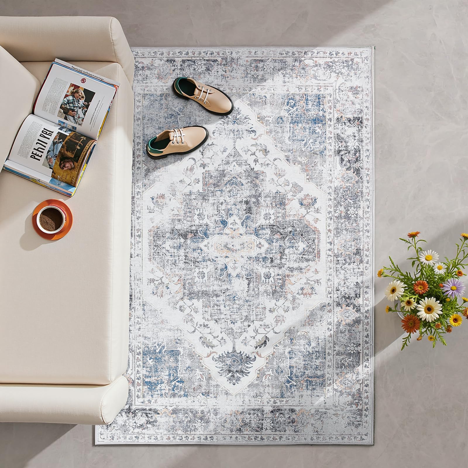 TOPICK Rug 120x180cm Washable Vintage Floral Grey Bedroom Rug Non Slip Lightweight Carept for Living Room Dining Room