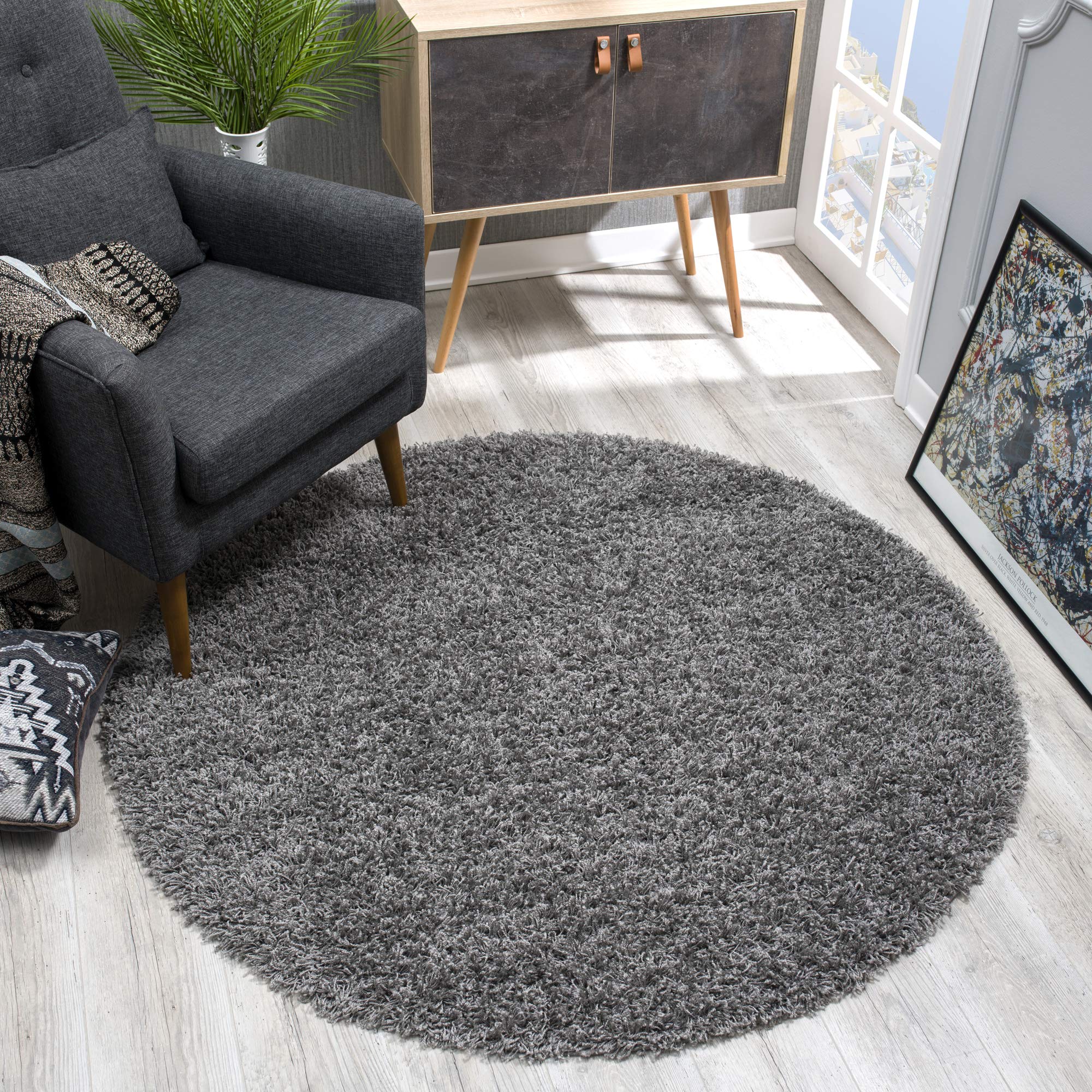 SANAT Rug Round Grey High Pile Modern Rugs for Living Room, Bedroom, Dining Room or Children's Room, Size: 80 x 80 cm