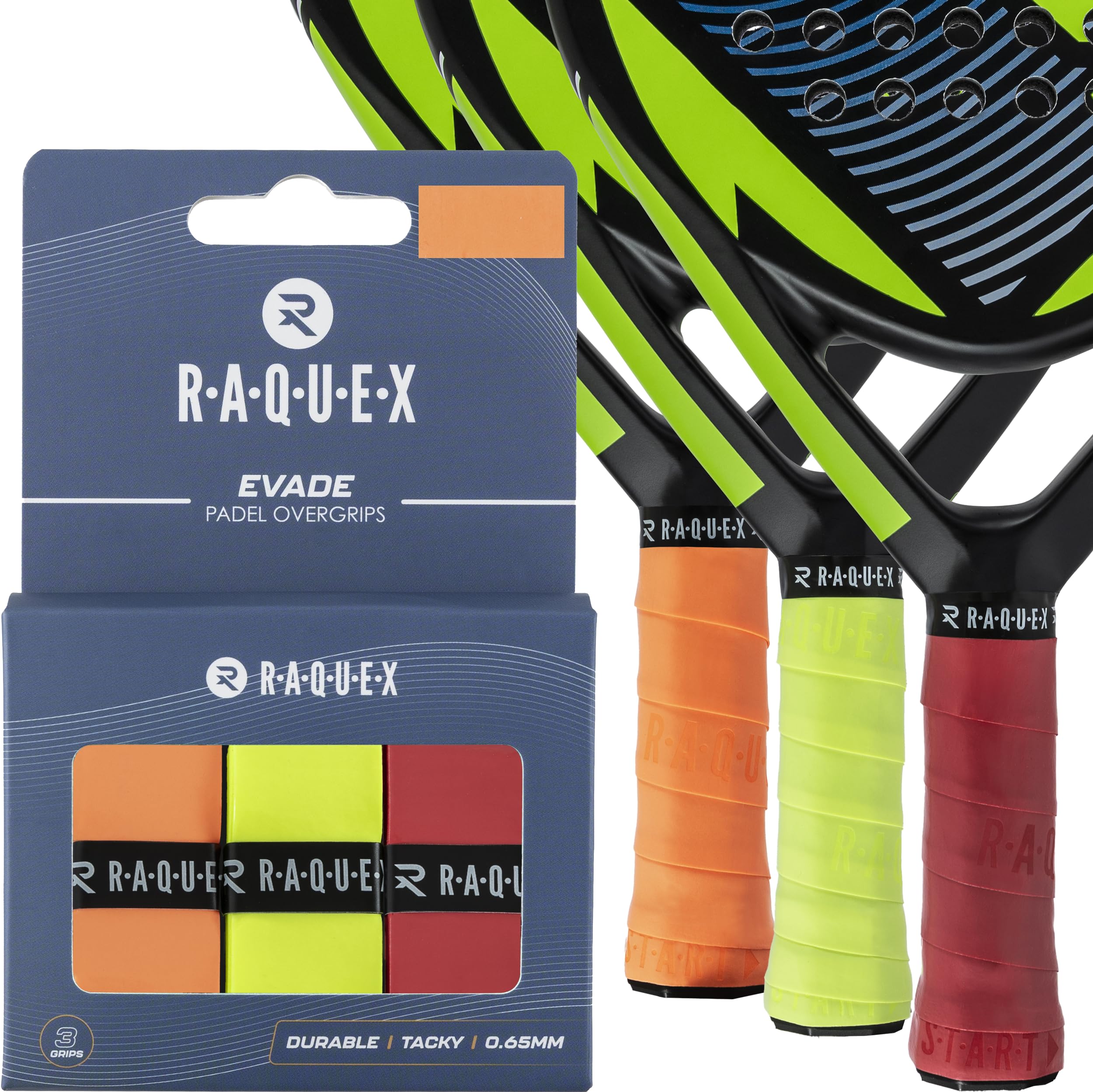 Raquex Evade Padel Racket Overgrip – 10 Colours - 3 Pack Padel Ball or Pickleball Racquet Tape, 0.65mm Thickness – Absorbent, Slightly Tacky Anti Slip Over Grip (Orange, Yellow, Red)