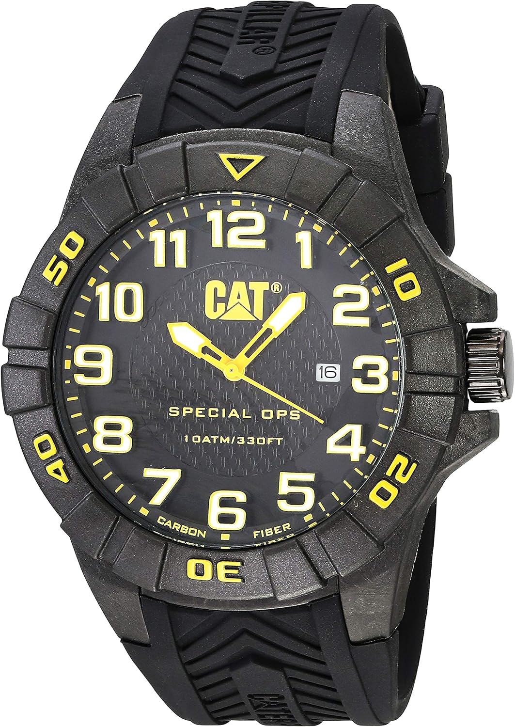 CAT Special OPS 1 Reloj para hombre, carcasa de 45.5 mm, cara negra, visualización de fecha, funda de fibra de carbono, correa de silicona,