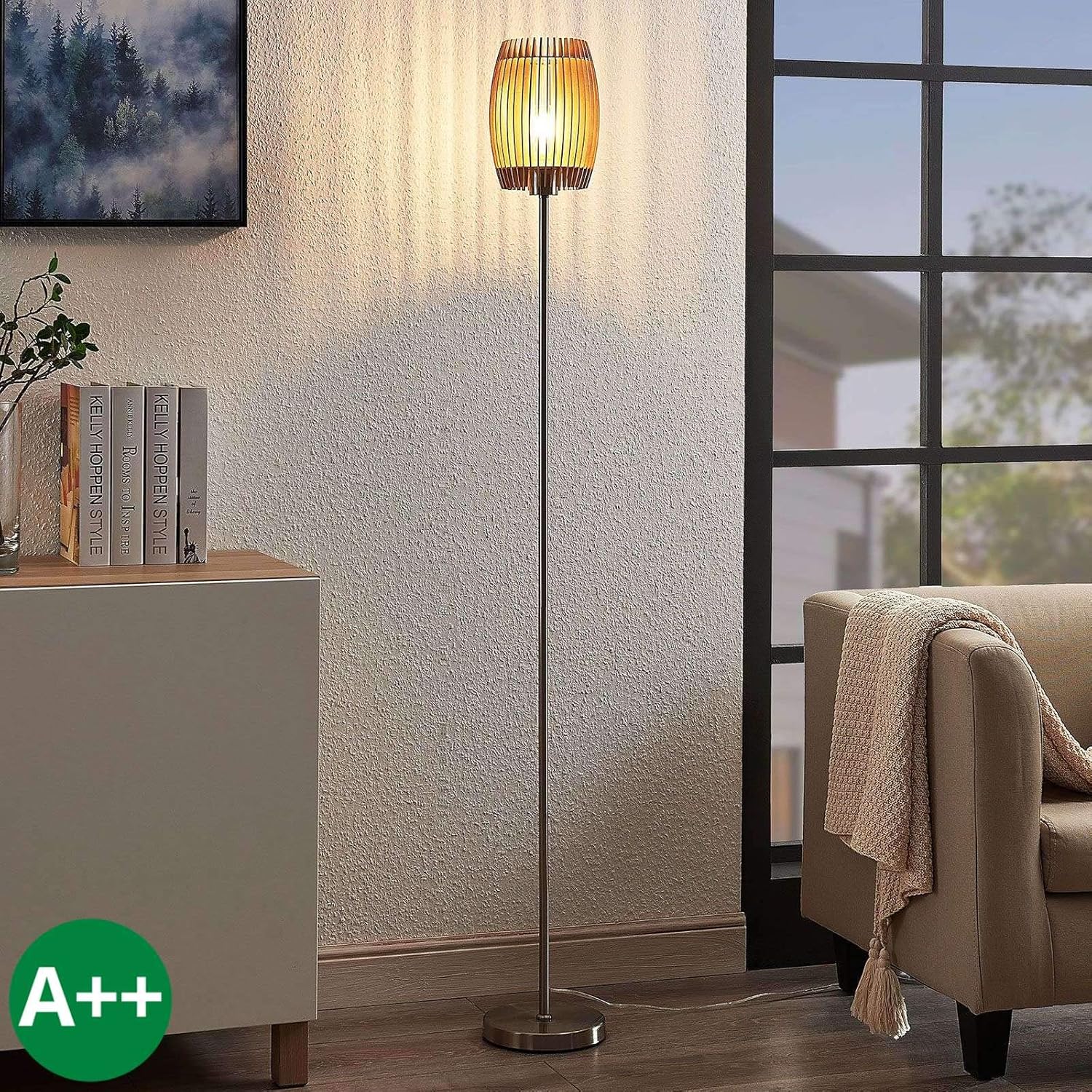 Lampenwelt Stehlampe 'Jemile' (Skandinavisch) aus Holz u.a. für