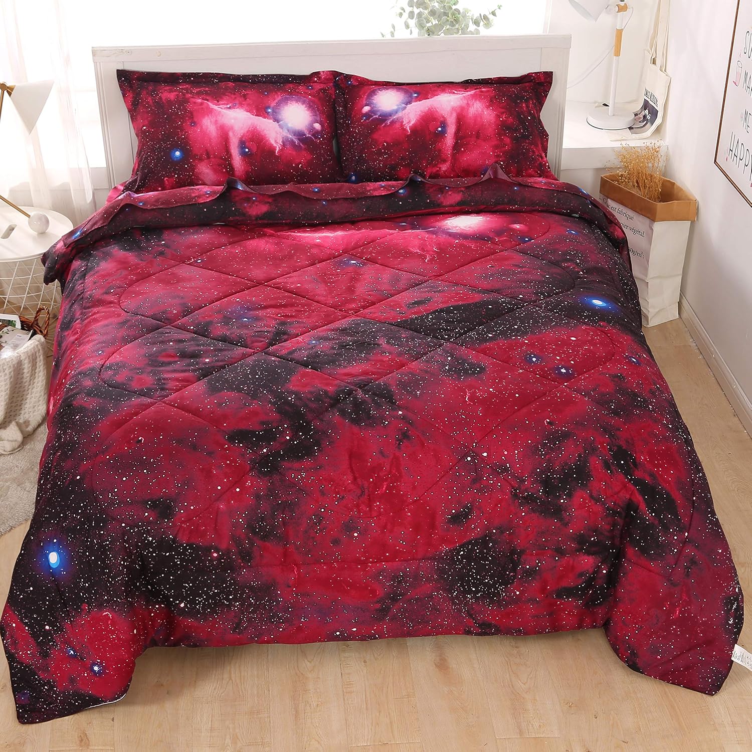 Wowelife Red Galaxy 3D Printing Comforter Set Twin Galaxy Bedding Sets 5 Piece with