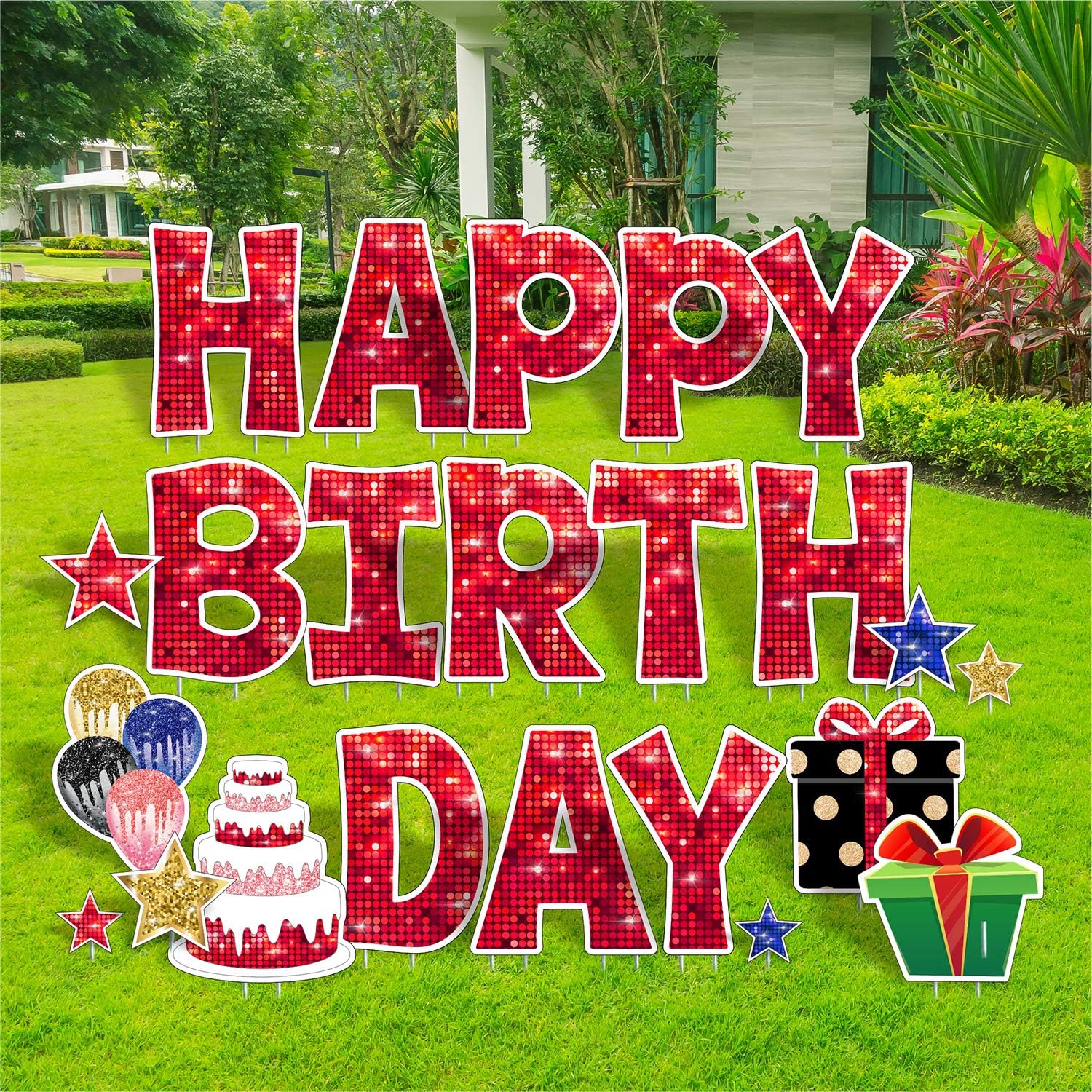 Happy Birthday Lawn Signs with Stakes- 15 Inch Birthday Yard Signs, 23Pcs Birthday Letters & Party Decor Signs Weatherproof Corrugated Plastic for Backyard Celebration and Outdoor Party Decorations : Garden & Outdoor