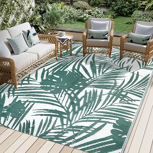 Famibay Outdoor Rugs for Garden Waterproof Patio Rug Reversible Plastic Straw Rug Camping Mat Portable Picnic Blanket for Balcony Deck Backyard Porch Beach BBQ(Green-White, 150 x 245 cm)